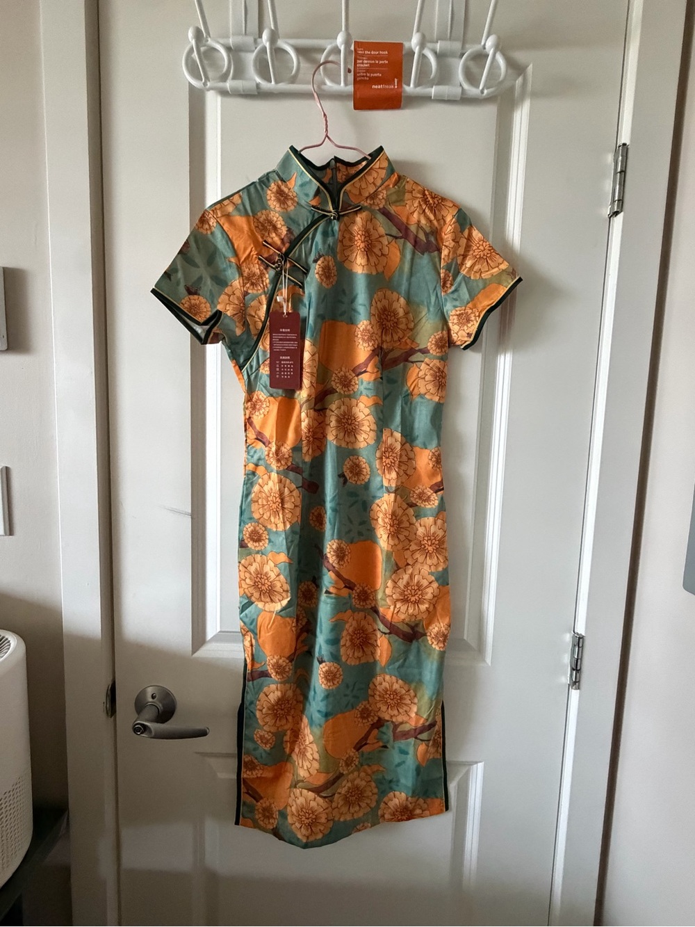 Floral Satin Cheongsam summer Dress - teal & Orange